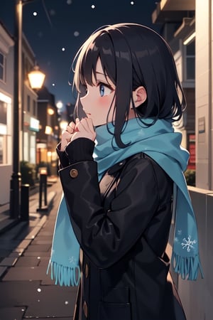 A long-haired girl looked up at the falling snowflakes alone on a dim street at night. She wore a light blue scarf and winter casual clothes. She let out a soothing breath,45 degree side view