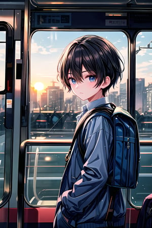 The setting sun slanted down from the tram window, and the warm sunlight shone on the handsome boy's face. The handsome boy was carrying a blue backpack, leaning on the handrail of the tram, and quietly staring at the scenery outside the window alone.,Candice_PKM,train_compartment 