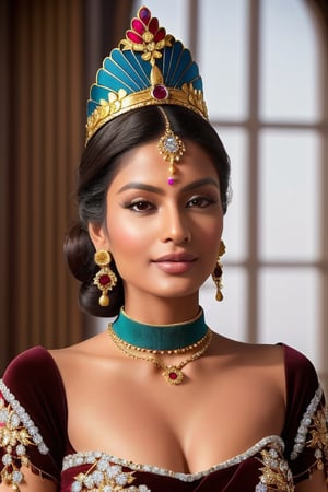 Create an ultra-high definition, photorealistic portrait of a stunning woman in traditional Indian attire, set against a beautifully ornate backdrop. The model is adorned with elaborate, intricately designed jewelry and a magnificent headpiece.

Headpiece: The headpiece is grand and elaborate, featuring layers of detailed, embroidered fabric in shades of teal and peach, with intricate gold embellishments and gemstones. The design is inspired by traditional Indian royal headwear, showcasing a blend of cultural artistry and luxury.

Jewelry: The model is wearing large, intricate earrings and a matching choker necklace with delicate pearl and gemstone details. The jewelry is rich in detail, highlighting the craftsmanship and adding to the overall regal appearance. She also has a forehead ornament (maang tikka) that matches the rest of her jewelry.

Attire: The model's attire is a traditional Indian outfit with intricate embroidery and beadwork in teal and gold. The fabric is rich and luxurious, draping elegantly over her shoulders and featuring delicate, sheer sleeves with detailed lace patterns.

Makeup and Hair: Her makeup is flawless, with a focus on enhancing her natural beauty. She has perfectly shaped eyebrows, long, thick eyelashes, and a soft, natural lip color. Her hair is styled in a classic, elegant updo, with a few loose strands framing her face, adding softness to the look.

Background: The background is an ornate, palace-like setting with intricate architectural details, enhancing the opulence and traditional aesthetic of the portrait. The lighting is soft and natural, highlighting the model's features and the rich textures of her attire and jewelry.

Additional details for maximum quality:

Ultra-high definition, 8K resolution
Hyper-detailed textures and intricate jewelry and fabric details
Photorealistic lighting and shading
Perfectly balanced color tones with high dynamic range
Exquisite attention to detail in facial features and expressions
Sharp focus with no blur or noise
Flawless post-processing effects to enhance clarity and depth
Artistic depth of field to create a striking visual impact
Use of professional-grade photo editing techniques to ensure the highest quality finish Sampling Steps: 100-150, Resolution: 2048x2048 (for ultra-high definition) Hires Steps 100, Upscaler Tool:** Topaz Gigapixel, 8k uhd
,Indian,High detailed ,fox eyes