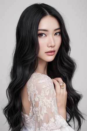 Prompt: Prompt: A serene, hyper-realistic portrait of a young woman with an ethereal aura. The subject's long hair flows like silk, adorned by a delicate braid that falls against her porcelain-white dress. A glimmering ring adorns her finger as she gazes softly into the distance. Against a soft pink background, Bian Jingzhao's Rococo-inspired style shines through in this character portrait, reminiscent of Yukito Kishiro's whimsical artistry.,Ink art,B@ddie,futuristic