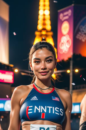 Create a stunning and highly detailed image representing the Olympic Games in Paris. The scene should feature the iconic Eiffel Tower as a backdrop, bathed in the golden hues of a sunset. In the foreground, include dynamic and diverse athletes engaged in various sports such as track and field, swimming, gymnastics, and cycling, each displaying intense focus and determination. The athletes should wear vibrant, modern athletic wear with the official Olympic colors and logos. Surrounding the athletes, incorporate symbolic elements of Parisian culture, such as elegant lampposts, French flags, and architectural details reminiscent of classic Parisian streets. The crowd in the background should be diverse, cheering enthusiastically, with confetti and banners adding to the festive atmosphere. Ensure the lighting highlights the athletes and key elements, creating a sense of energy and celebration. Use a high-resolution digital camera for the photography, with a wide-angle lens to capture the grandeur of the scene, and set the aperture at f/8 for depth of field, a shutter speed of 1/500 seconds to freeze motion, and ISO 200 for clarity. The image should convey the spirit of unity, competition, and cultural richness, encapsulating the essence of the Olympic Games in Paris