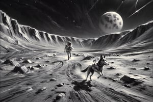 (full shot) An astronaut dog, running over the lunar valley landscape, the planet Earth is seen in the background as a satellite, --Film storyboard --ar 16:9, (rough charcoal  black and white sketch)

