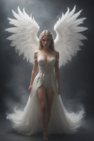 ((beautiful girl,full body)),Extremely Realistic, black background, ((1girl)), (((angel girl,big angel wings))), clothes flying in the air, levitating girl, smoke background, supermodel photoshoot, elegant girl, beautiful dress, DonMM1y4XL