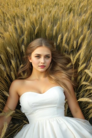 18 year old girl lying on a wheat field, wide aerial shot, elegant white dress,ek_real_b00ster