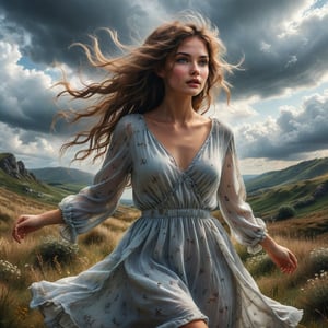 Realistic,realife, ultra realistic,beautiful girl,girl standing on grassy hill,holding hands wide feeling the cool wind,her hair is blown by wind,her clothes are flying in wind, clouds,cool mood, beautiful long dress,Extremely Realistic,perfect face