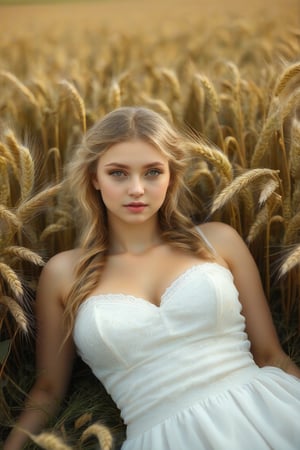 18 year old girl lying on a wheat field, wide shot, elegant white dress,ek_real_b00ster, portrait 