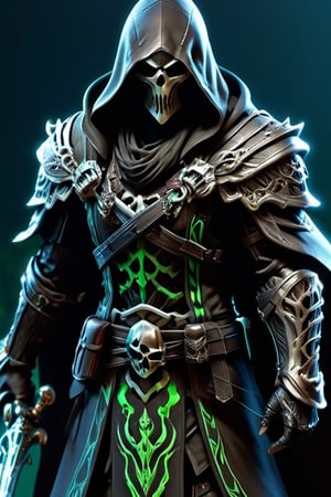 Create a cutting-edge full body gaming persona featuring the Grim Reaper embodying a rogue persona from Dungeons & Dragons. ((The reaper should be holding an original M4 that is made from Grim Reaper’s realm)), He should be in a battle ready stance, The reaper should be in a rogue outfit with the styling aspects of Assassins Creed and World of Warcraft. (A rendering of The Grim Reaper Rogue character should be holding an original M4 inspired by the Grim Reaper’s persona). Wearing black and green set against a simple background, employing dynamic lighting. hyper-realistic 10k resolution, The Reaper should sport a rogue type outfit and attire reminiscent of Assassin's Creed Rogue and World of Warcraft undead rogues, incorporating meticulously detailed skulls and clothing. the design executed in a datamoshing style for a unique twist. Take inspiration from Assassins Creed and WoW for the design elements. The photo should be taken by a Canon EOS Rebel SL3 Digital SLR Camera for optimal quality. Hyper HD resolution, impeccably insane detail design, Skulls should be clear and highly detailed, impeccably detailed outfit rendering, ominous atmosphere, real engine 5,