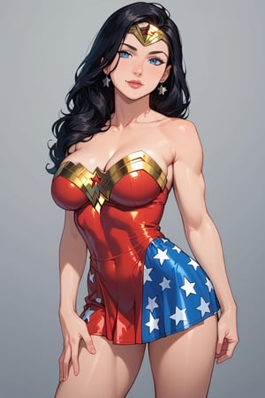 score_9_up, score_8_up, score_7_up, wonder woman, big breast, lean body, wearing strapless mini bodycon dress, looking at viewer, seductive_pose, standing