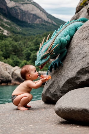 Realistic baby dragon în some rocks whit her mum eating fish