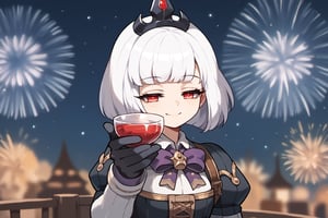 score_9, score_8_up, score_7_up, masterpiece,original,1girl,solo,Yankee girl,Orphea, tiara, white hair, short hair, red eyes, gown, puffy sleeves, black gloves, purple bow,crossed_arms,,half closed eyes,light smile,smile holding cup fireworks,night,