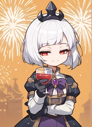 score_9, score_8_up, score_7_up, masterpiece,original,blank background,Simple background,1girl,solo,Yankee girl,Orphea, tiara, white hair, short hair, red eyes, gown, puffy sleeves, black gloves, purple bow,crossed_arms,,half closed eyes,light smile,smile holding cup fireworks