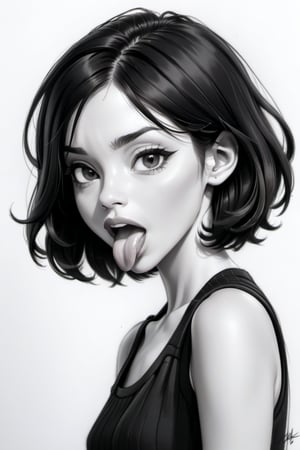 Realistic black and white drawing, woman with shoulder-length black hair, showing her tongue,