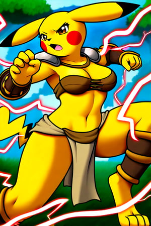 1girl, solo, solo_focus, furry_female, Pikachu_(Pokémon), yellow_fur, brown_eyes, medium_breasts, clothed, loincloth, topwear, armor, impractical_armor, tribal, Furry Mix, outdoor, outdoors, outside, action_pose, electricity