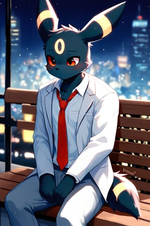 1boy, solo, solo_focus, furry_male,, eeveelution, umbreon, black_fur, yellow_marking, yellow_markings, red_eyes, clothed, black_pants, white_shirt, black_coat, neck_tie, red_necktie, outdoor, outdoors, outside, cityscape, city, night, bench, sitting, seated,