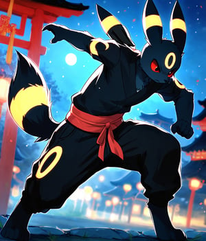 1boy, solo, solo_focus, furry_male, eeveelution, umbreon, black_fur, yellow_marking, yellow_markings, red_eyes, clothed, black_pants, sash, east_asian_clothing, outdoor, outdoors, outside, night, chinese_architecture, battle_stance, action_pose,