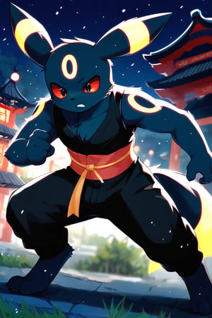 1boy, solo, solo_focus, furry_male, eeveelution, umbreon, black_fur, yellow_marking, yellow_markings, red_eyes, clothed, black_pants, sash, east_asian_clothing, outdoor, outdoors, outside, night, chinese_architecture, battle_stance, action_pose,