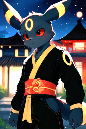 1boy, solo, solo_focus, furry_male, eeveelution, umbreon, black_fur, yellow_marking, yellow_markings, red_eyes, clothed, black_pants, sash, east_asian_clothing, mask, outdoor, outdoors, outside, night, chinese_architecture,