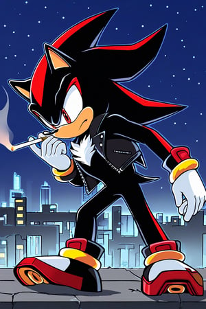 1boy, solo, solo_focus, furry_male, hedgehog, Shadow the hedgehog, shadow_the_hedgehog, black_fur, peach_skin, red_eyes, red_marking, clothed, leather_clothing, jacket, black_pants, white_topwear, red_boots, outdoors, outside, cityscape, city, night, midnight, holding_object, cigarette, 