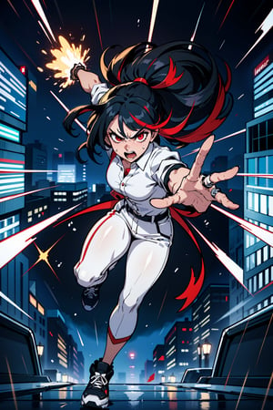 Highly detailed, High Quality, Masterpiece, beautiful, (Full Long Shot),1girl, floating, flying, warrior, (Eyes open, Eyes Angry, Red Eyes, black hair with blue streak, urban clothing, white Shirt, Black Pant, Combat shoes, White aura, magician), city, detailed background, raining. 