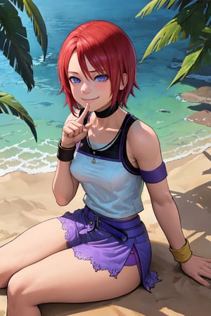 masterpiece, best quality, highres, aakairi, short hair, blue eyes, choker, tank top, white shirt, armband, wristband, midriff, purple belt, violet_skirt, kingdom_hearts,lasterk,  sitting, sand, smile, finger_to_chin,