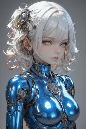 Female cyborg,full body figure,highly polished blue metallic body reflecting light like a mirror surface, Face crafted from pure white alabaster resembling a gothic porcelain doll with delicate features, Large luminous eyes with intricate mechanical iris patterns, Ornate gothic hair ornaments made of alabaster and silver filigree with small mechanical details, Long flowing synthetic hair styled in elegant victorian curls, Multiple vivid cables extending from neck area in bright red yellow and white creating a dramatic contrast against blue body, Cables have a glossy plastic finish and gentle curves like ribbon streamers,Body constructed of smooth curved panels , Mirror-finish blue metal reflecting environment creating complex light patterns, Mechanical parts visible at joint areas with precise technical details, Graceful feminine proportions with elegant posture, Doll-like hands with visible mechanical articulation at fingers, Gothic-inspired design elements integrated into mechanical parts, Subtle LED lighting effects in eyes and joint areas, Expression serene and doll-like yet hints at artificial intelligence, Contrast between cold mechanical body and delicate porcelain features, Metallic surface transitions seamlessly to porcelain features at neck area,PorcelainDollPrincess,\mechako\