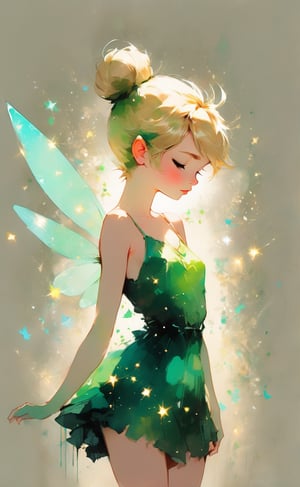 Tinkerbell by Conrad Roset, Nicola Samori, blonde bun, fairy wings, green dess,  bokeh, highly detailed, vibrant, best lighting
