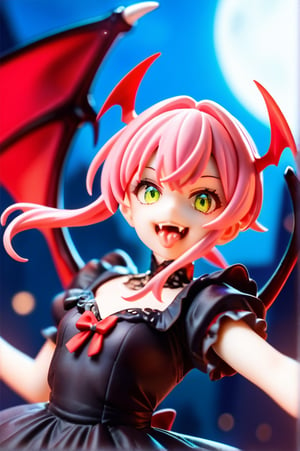 score_9, score_8_up, score_7_up, source_anime, 1girl, vampire girl, red bat wings, green eyes, pink hair, fangs, smile, showing tongue, black dress, pumpking, night, high lights, light aura, a very delicate and beautiful, (at the center:1.2), (solo:1.3), outdoors, cinematic lighting, dynamic action, dynamic angle, dynamic shot