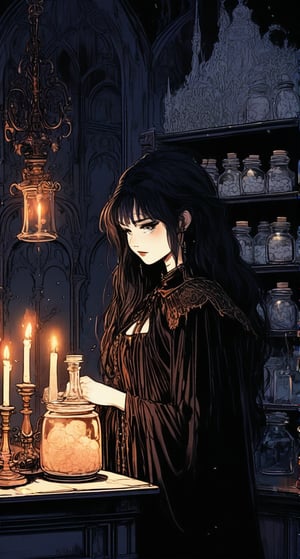 A goth girl with black hair is dressed in a robe and is preparing a potion. A dark room should be visible in the background. In addition, there are various potions on the shelves.,Manga style illustration,1990s, many candles, under a Chandelier