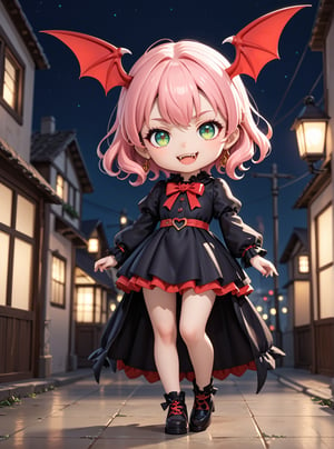 score_9, score_8_up, score_7_up, source_anime, 1girl, vampire girl, red bat wings, green eyes, pink hair, fangs, smile,  black dress, pumpking, night, high lights, light aura, a very delicate and beautiful, (at the center:1.2), (solo:1.3), outdoors, cinematic lighting, dynamic action, dynamic angle, dynamic shot