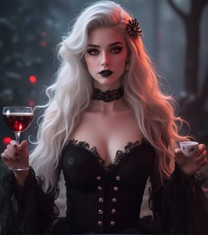 Score_9, score_8_up, score_7_up, A mysterious woman with long, flowing white hair and a striking hair ornament holds a wine glass and a cup in her hands, her eyes gleaming bright red under thick layers of dark makeup. Her pale skin is adorned with bold lipstick, drawing attention to her choker and the delicate curve of her lips. The solo focus remains on her upper body as she sips from the glass, surrounded by subtle lighting that highlights the intricate details of her attire. movie special effects style