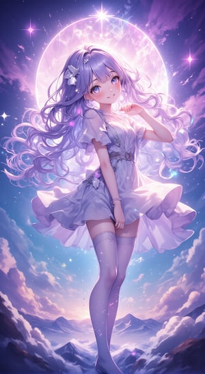 I depict a cute girl in a dream, standing on a fantastic cloud, turning around and smiling. Her hair is long and curly, and her hair color is random lavender. A small star shines on her hair ornament. She is wearing a light dress, and the oval in the background is a double exposure of a dream scene. The soft light and special effects create a fantastic atmosphere, and the cute poses are impressive.
,anime,cute,VNS_Add more details,visionary art style