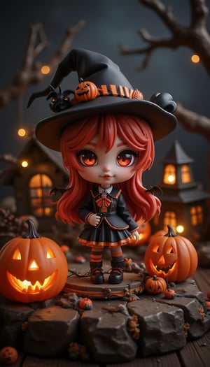 Seasonal figure diorama. It features Halloween-themed Wendy in a super-deformed style designed by YOKO TARO, a Halloween-themed background, and some scary lights., (Detailed Textures, high quality, high resolution, high Accuracy, realism, color correction, Proper lighting settings, harmonious composition, Behance works),VNS_Add more details,Resin