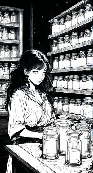 A scene in which a girl with black hair is dressed in a robe and is preparing a potion. A dark room should be visible in the background. In addition, there are various potions on the shelves.,Manga style illustration,1990s, many candles