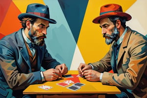vector art, flat design, (Two men engrossed in a game of cards, their faces obscured, captured in Cézanne's geometric style, conveying the intensity and concentration of the moment), character-focused, vibrant composition, accurate form, correct proportions, hand-drawn, playful minimalism, stylized simplicity, (dynamic negative space), geometric elegance, fluid forms, bold colors, strong shapes, striking contrast, iconic silhouette, oil painting, brush strokes, mixed media, graphic storytelling, visual metaphors, conceptual, aesthetic, balanced, refined,more detail XL,txznf,anime,comic book,3D,Cartoon
