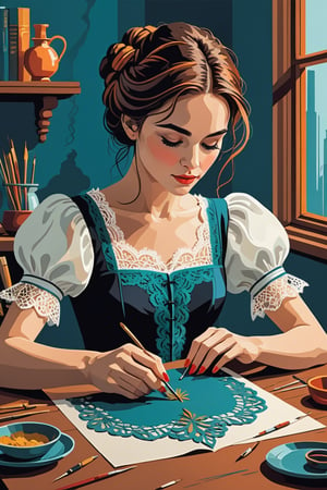 vector art, flat design, hand-drawn illustration, The Lacemaker, (A focused young woman creating lace with a quiet concentration), vibrant composition, correct proportions, fluid forms, geometric elegance, dynamic negative space, strong shapes, bold colors, striking contrast, playful minimalism, sophisticated simplicity, iconic silhouette, graphics storytelling, visual metaphors, dreamlike scenario, oil painting, brush strokes, mixed media,Comic Book-Style 2d