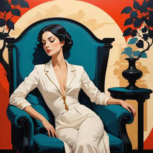 vector art, flat design, (A woman reclines gracefully on a chaise longue, her elegant pose and serene expression embodying neoclassical beauty), character-focused, vibrant composition, accurate form, correct proportions, hand-drawn, playful minimalism, stylized simplicity, (dynamic negative space), geometric elegance, fluid forms, bold colors, strong shapes, striking contrast, iconic silhouette, oil painting, brush strokes, mixed media, graphic storytelling, visual metaphors, conceptual, aesthetic, balanced, refined,more detail XL,txznf,anime,comic book
