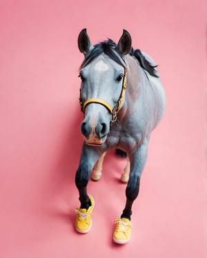 A beautiful blue with yellow center horse view from above with a pink background, wearing sneakers, wearing black glasses,