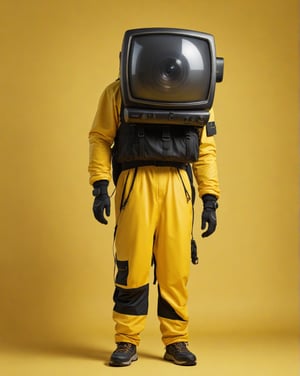 large format photo of a a man with a television's head, wearing black hiking equipment, full body, yellow studio background, hard light, (eye level : 1.2), Aaton LTR with a 50mm lens, in style of Martin Schoeller,Funny