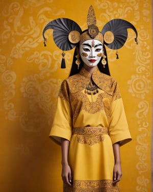 large format photo of a girl with wayang mask, (wearing batik) with minimalism style, full body, yellow minimalism background, hard light, (eye level : 1.2), Aaton LTR with a 50mm lens, in style of Martin Schoeller,Funny,Animal