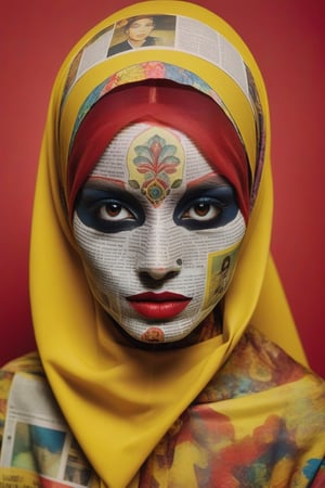 the portrait shows many newspaper stories about the marsinah case in Indonesia painted onto a person's face, in the style of psychadelic surrealism, poodlepunk, fashion photography, young british artists (ybas), photo taken with provia, dark yellow and red, wildstyle, wearing veil