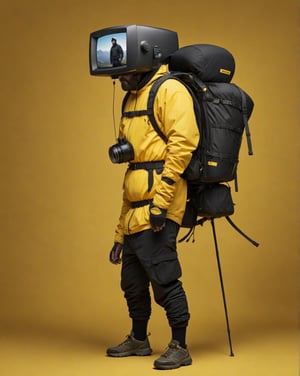 large format photo of a a man with a television's head, wearing black hiking equipment, full body, yellow studio background, hard light, (eye level : 1.2), Aaton LTR with a 50mm lens, in style of Martin Schoeller