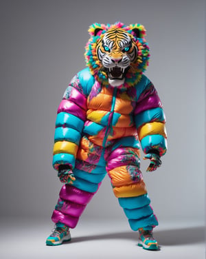 large format photo of a head tiger person, wearing psychedelic puffer, full body, freeze break dance moves in light studio background, hard light, (eye level : 1.2), Aaton LTR with a 50mm lens, in style of Martin Schoeller