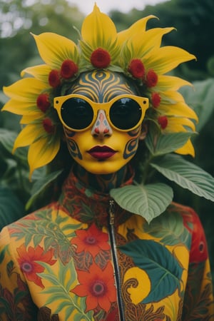 the portrait shows plant painted onto a person's face, in the style of psychadelic surrealism, poodlepunk, fashion photography, young british artists (ybas), photo taken with provia, dark yellow and red, wildstyle, wearing moslem veil and sun glasses