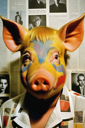 the portrait a pig shows many newspaper stories painted onto a person's face, in the style of psychadelic surrealism, fashion photography, young british artists (ybas), photo taken with provia, dark yellow and red, wildstyle