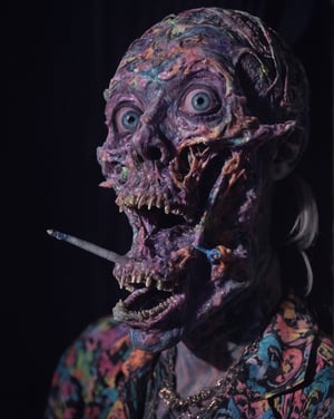 portrait of ghost with elongated tongue, in the style of psychadelic surrealism, fashion photography, young british artists (ybas), photo taken with provia, wildstyle (sharp focus, hyper detailed, highly intricate, physically based unbiased rendering), dark light studio