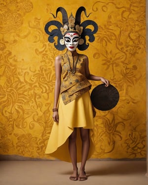 large format photo of a girl with wayang mask, (wearing batik) with minimalism style, full body, yellow minimalism background, hard light, (eye level : 1.2), Aaton LTR with a 50mm lens, in style of Martin Schoeller,Funny,Animal