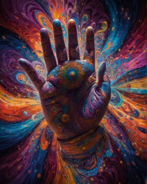 The image of god hand in a psychedelic surrealism style features swirling, vibrant colors that blend together in a dreamlike manner. god hand figure is distorted and elongated, with exaggerated features that seem to morph and shift before the viewer's eyes. The composition is chaotic yet balanced, with a sense of movement and energy that pulls the viewer into the surreal world of the image. The lighting is intense and dramatic, casting deep shadows and highlighting the surreal elements of the scene. Overall, the image captures a sense of otherworldly beauty and mystique, drawing the viewer into a mesmerizing and hypnotic visual experience.,ral-flufblz