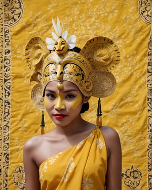 large format photo of a girl with wayang golek mask, (wearing yellow batik) with minimalism style, portrait, hard light, (candid, : 1.2), Aaton LTR with a 50mm lens, in style of Martin Schoeller