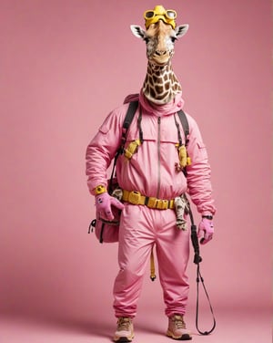 large format photo of a a man with a giraffe's head, (wearing baby pink hiking equipment : 1.2), full body, dumb pose on yellow studio background, hard light, (eye level : 1.2), Aaton LTR with a 50mm lens, in style of Martin Schoeller,Funny,Animal