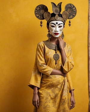 large format photo of a girl with wayang mask, (wearing batik) with minimalism style, full body, yellow minimalism background, hard light, (eye level : 1.2), Aaton LTR with a 50mm lens, in style of Martin Schoeller